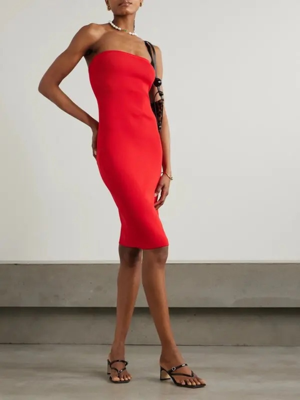 STAUD Canna Red Strapless Ribbed Knit Midi Dress Size XS